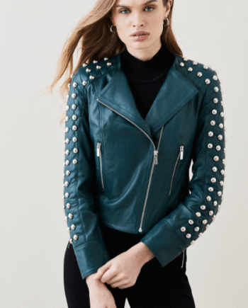 Women's Quilted Studded Leather Jacket In Jade Green