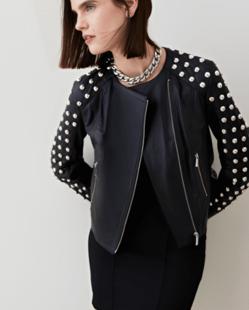 Women's Quilted Studded Leather Jacket In Black