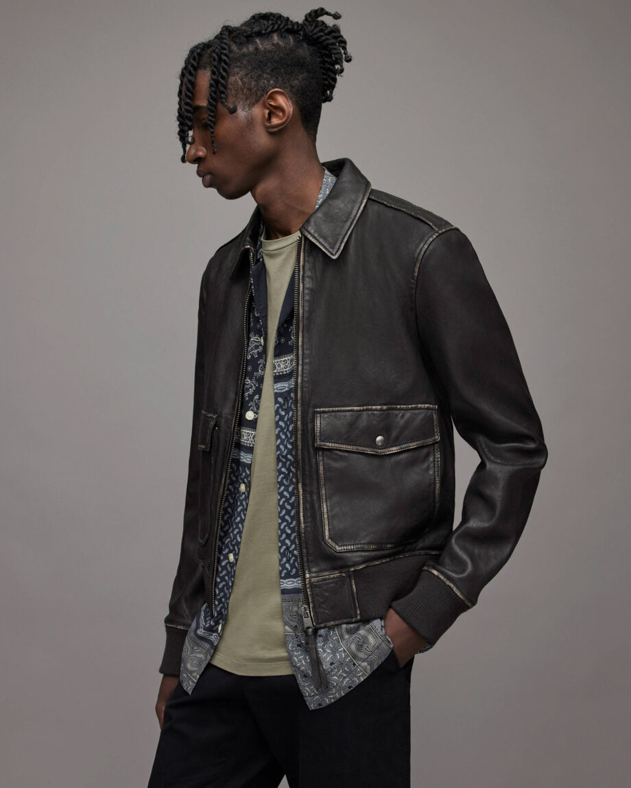 Men's Distressed Leather Bomber Harrington Jacket In Black