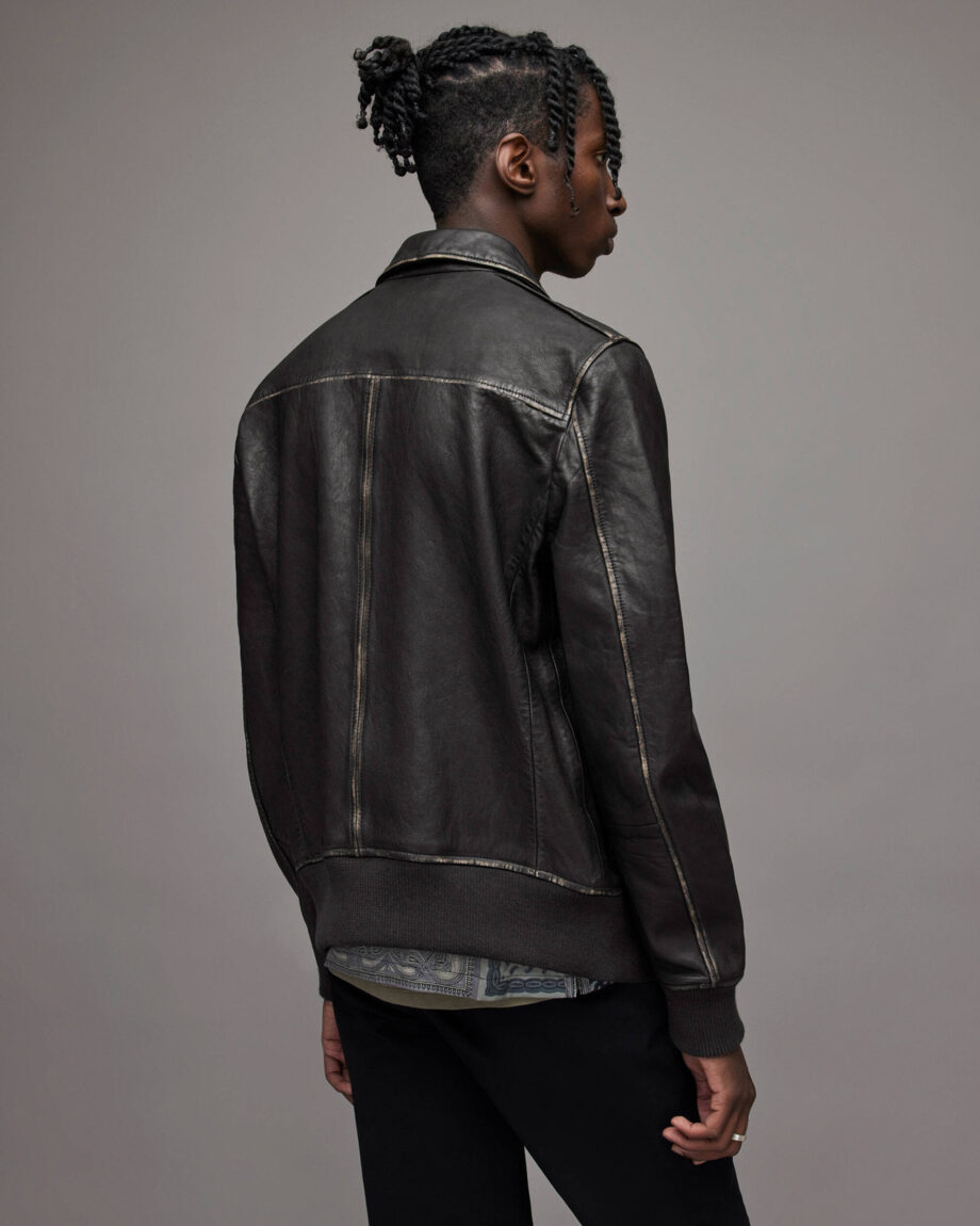 Men's Distressed Leather Bomber Harrington Jacket In Black