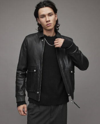 Men's Leather Bomber Harrington Jacket In Black