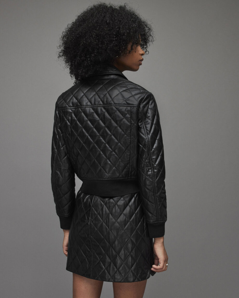Women's Quilted Leather Bomber Jacket In Black