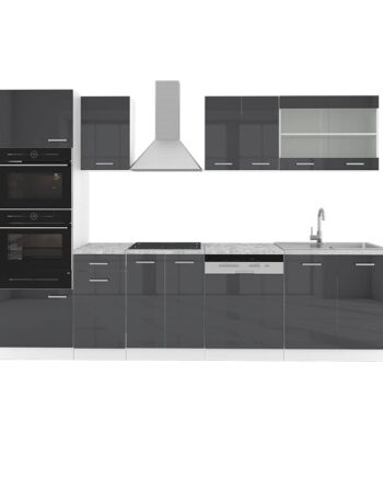 Vicco Küchenzeile R-Line, Anthrazit Hochglanz/Weiß, 300 cm mit Hochschrank, ohne Arbeitsplatte