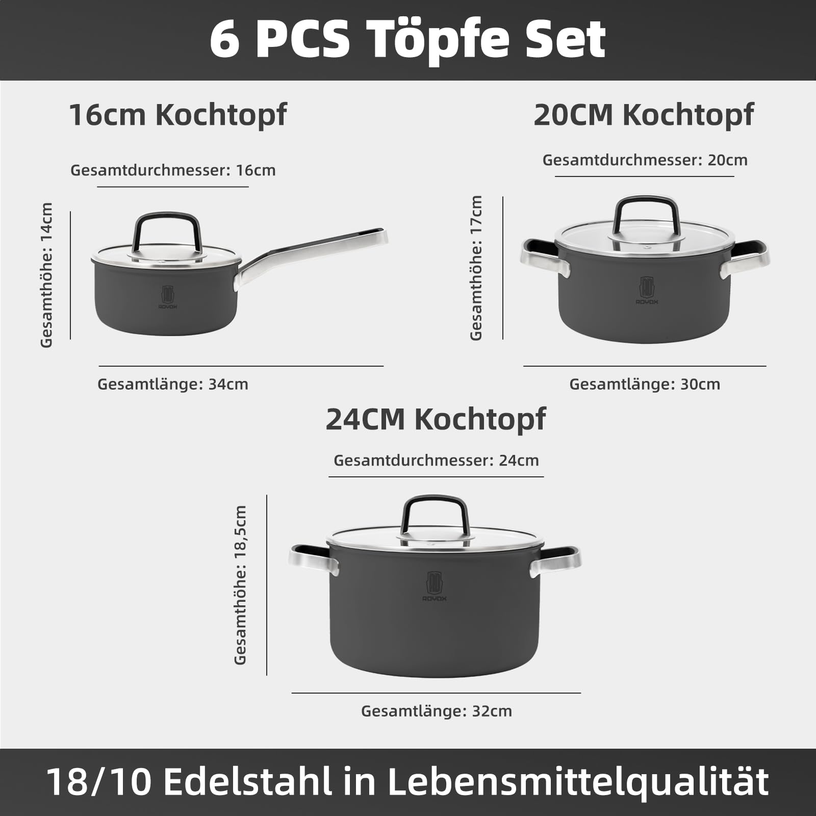 ROYDX Edelstahl Topfset Induktion, 6-teiliges Töpfe Set mit Glasdeckel und Stay Cool Griff topf set