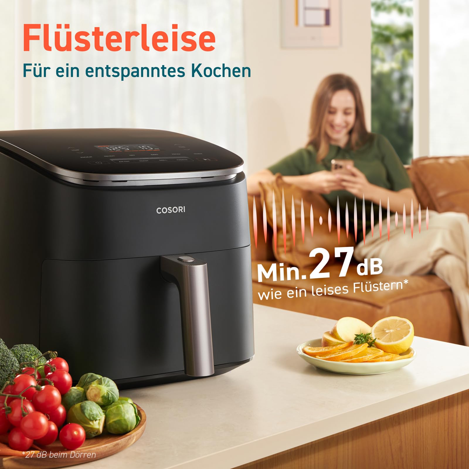 Cosori Turboblaze Airfryer Heißluftfritteuse, 9-in-1 Air Fryer XXL 6L, leiser DC Motor mit 5 Geschwindigkeitsstufen