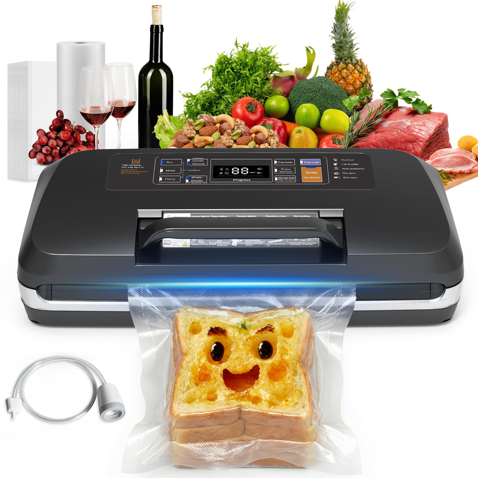 OidoZac 95kPa Vakumierergerät für Lebensmittel, 12-in-1 Vacuum Sealer mit Doppelter Heißsiegelung, Tropfschale