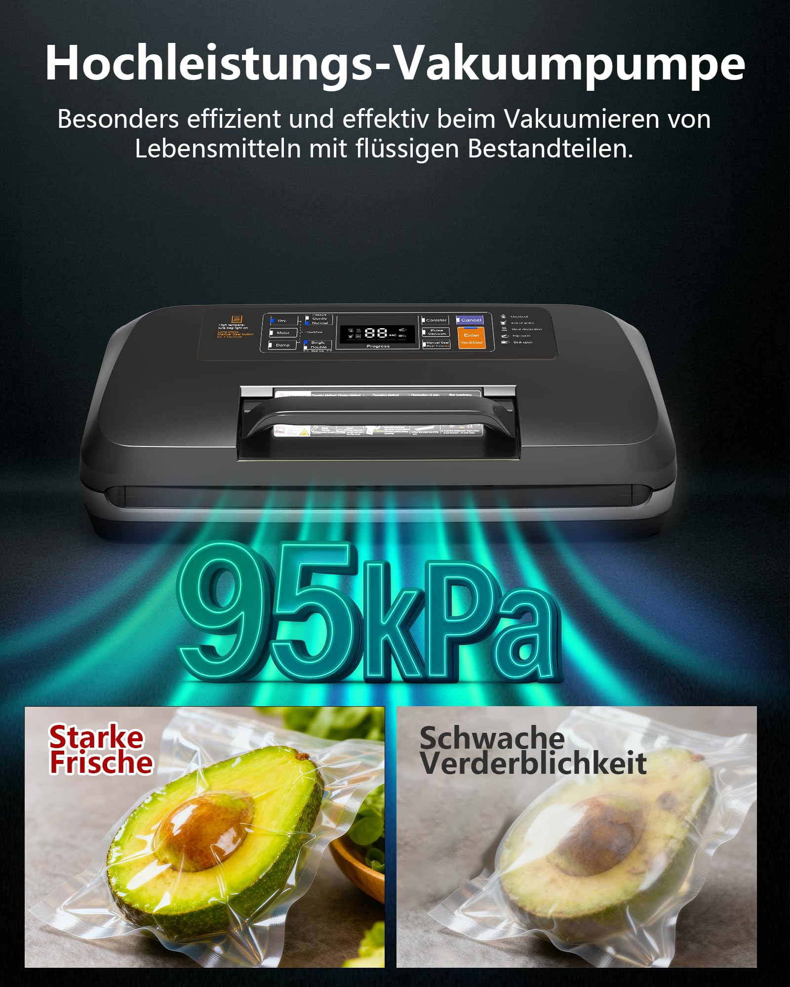 OidoZac 95kPa Vakumierergerät für Lebensmittel, 12-in-1 Vacuum Sealer mit Doppelter Heißsiegelung, Tropfschale