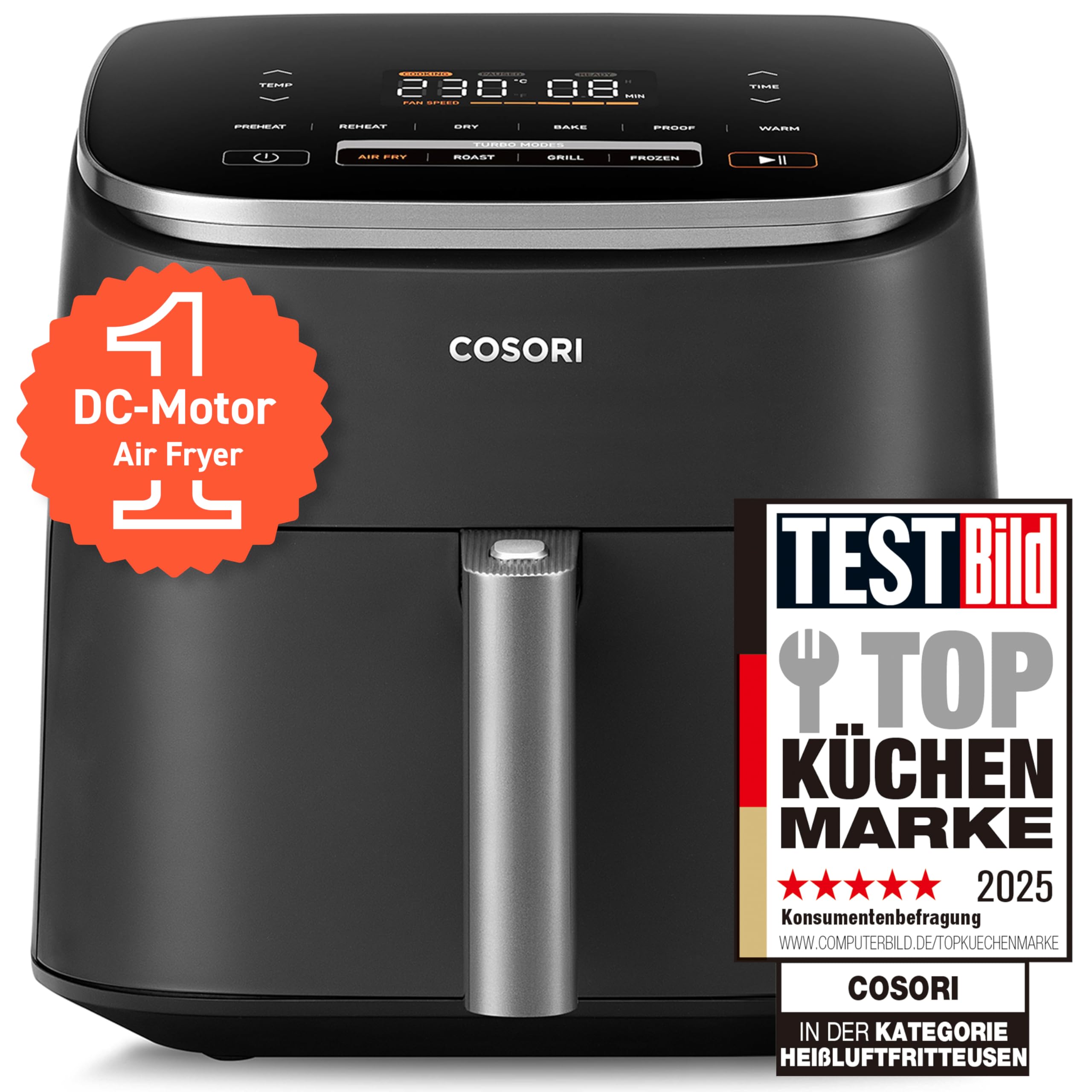 Cosori Turboblaze Airfryer Heißluftfritteuse, 9-in-1 Air Fryer XXL 6L, leiser DC Motor mit 5 Geschwindigkeitsstufen