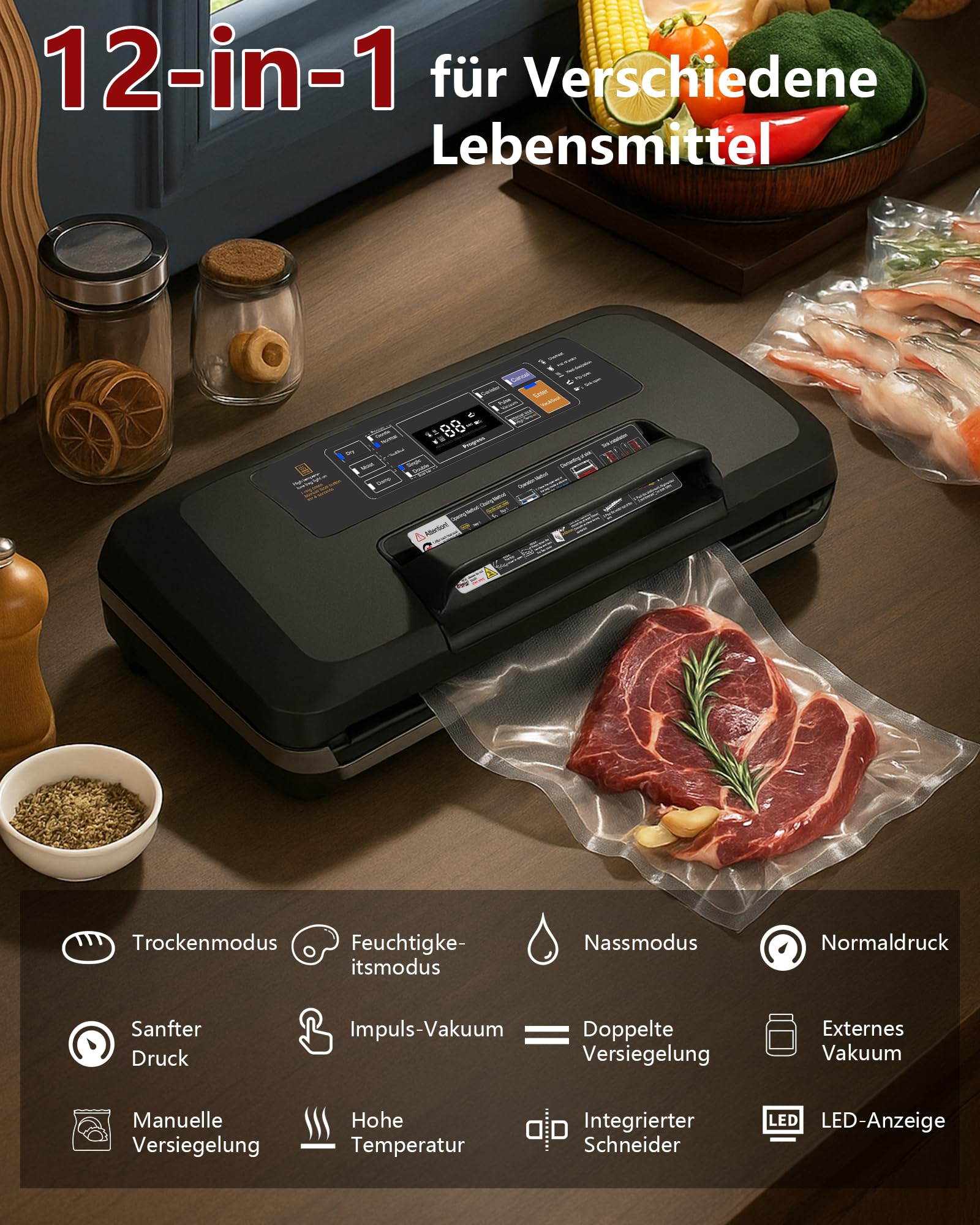 OidoZac 95kPa Vakumierergerät für Lebensmittel, 12-in-1 Vacuum Sealer mit Doppelter Heißsiegelung, Tropfschale