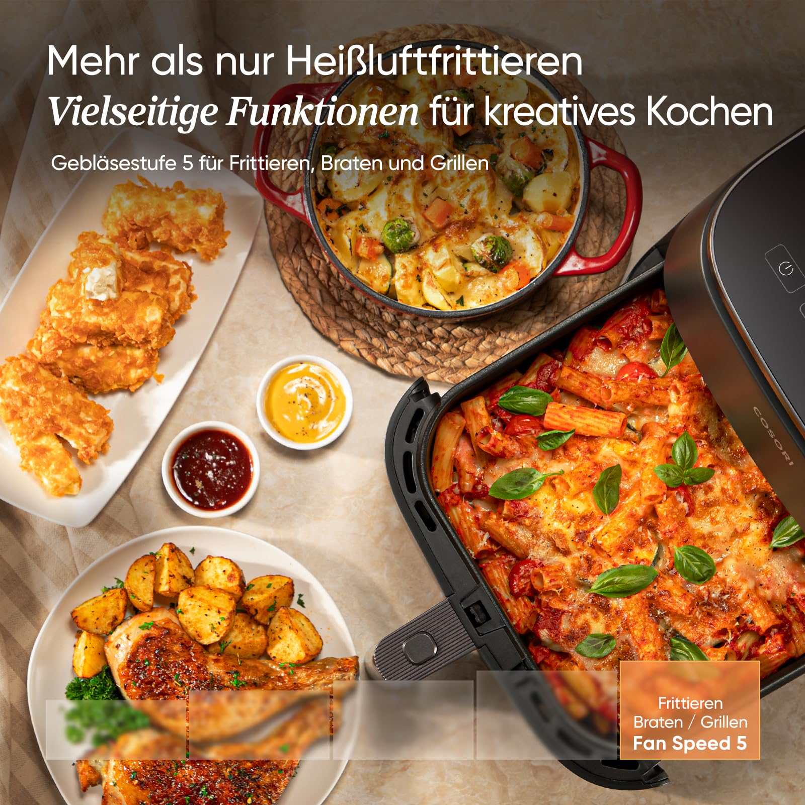 Cosori Turboblaze Airfryer Heißluftfritteuse, 9-in-1 Air Fryer XXL 6L, leiser DC Motor mit 5 Geschwindigkeitsstufen